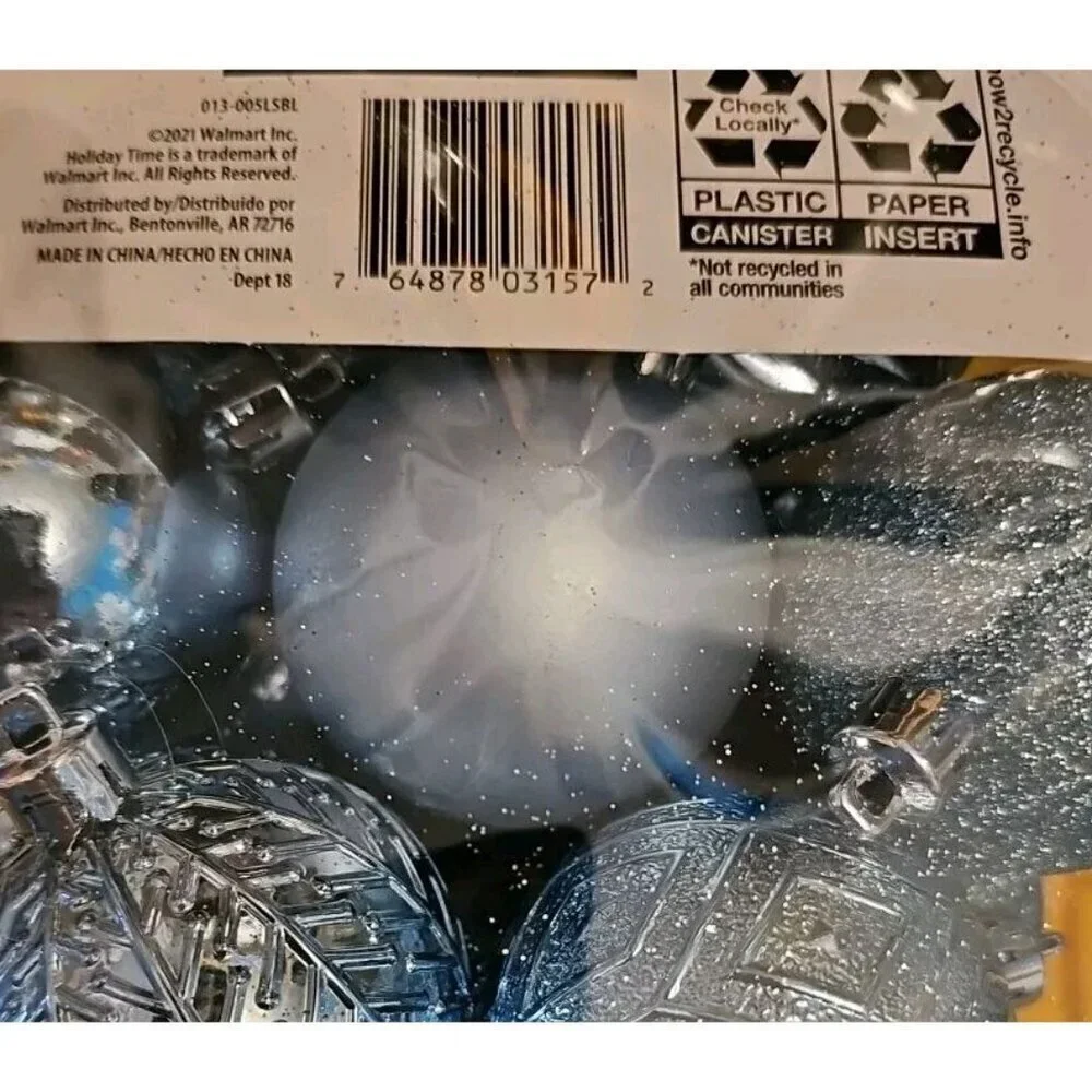 Holiday Time 26 Shatterproof Ornaments Round Sky Blue with 7 Different Designs